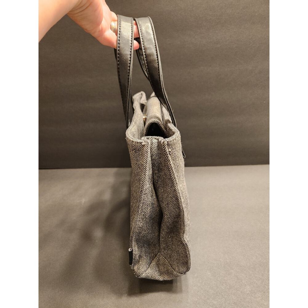 LIZ CLAIBORNE Vtg Double Top Handle Purse Grey Black Wool Tweed Grannycore Mob - Picture 9 of 12